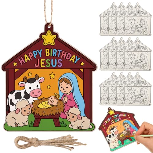 Anglechic 12 Sets Nativity Coloring Craft Happy Birthday Jesus Wooden kit - style: Happy Birthday Jesus