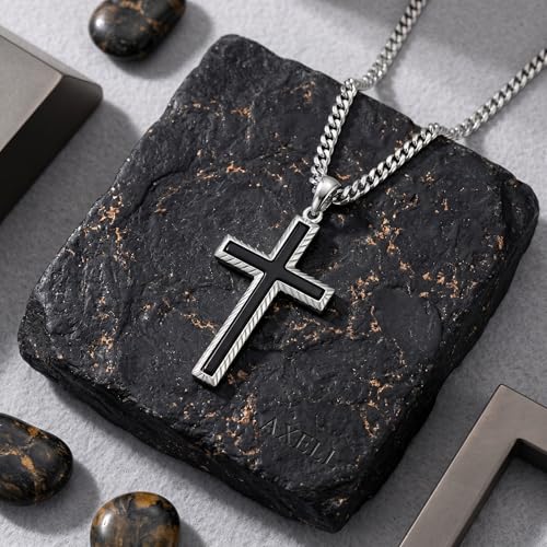 MRENITE Silver Natural Stone Cross Necklace, Classic Latin Cross Pendant Necklace for Unisex Women Man, Vintage Crystal Quartz Cross Necklace with 20+2 Inches Adjustable Cuban Chain - style: Black Onyx