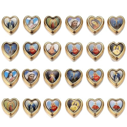 100pcs Heart Shape Our Lady Jesus Cross Saint Mary with Medal Rosary Beads DIY Necklace Bracelets Beads for Making Jewellery (Golden) - color: Golden