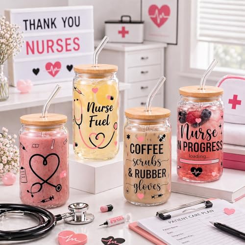 Glass Cups with Lids and Straws, 4Pack, 16oz, Nurse Nursing - color: Nurse Appreciation
