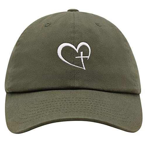JPAK Heart and Cross Premium Dad Hat Embroidered Cotton Baseball Cap Christian Faith - color: Olive Green
