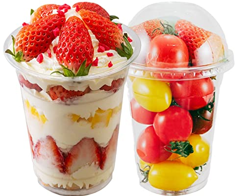 Artpreti 25 Sets 12 oz Clear Plastic Parfait Cups with Dome Lids(NO HOLE) - Disposable Dessert Cups with Lids for Dips Snacks and Fruit Yogurt Smoothie Iced Cold Drinks, No Leaking - size: 12 oz - Dome Lid