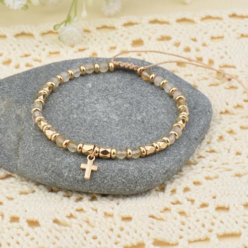 Christian Gifts for Women, Natural stone Bracelet, Religious Gift for Woman, Christian Gifts, Inspirational Gift for Women, Golden Cross Bracelet - color: White+Gold