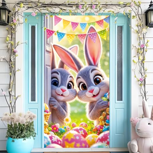 Easter Bunny Peeking Door Banner, 30x75 Inch Large Outdoor Decor with Colorful Bunting and Easter Eggs, Cute Rabbit Spring Party Banner for Front Door Fence Easter Celebration - color: multicolored#mf2602034