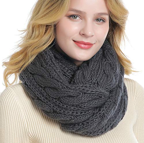 Winter Women Thick Cable Knit Ribbed Infinity Circle Loop Scarf - color: 01- Dark Grey