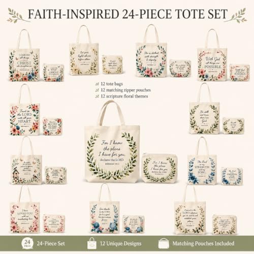 Christian Tote Bags for Women Bible Verse Canvas Tote Set 24 Pcs
