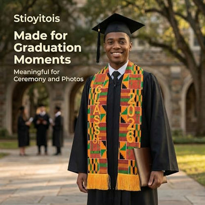 Kente Graduation Stole Class of 2026, 72 x 5.1 in African Print Sash with 3D Gold Embroidery and Gold Fringe - color: C1