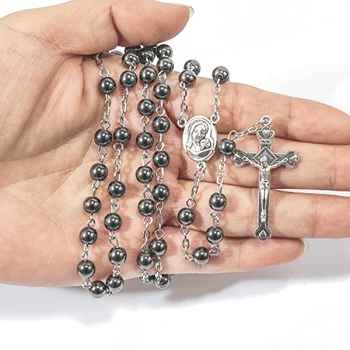 Nazareth Store Hematite Rosary Beads Black Stone Catholic Rosary Necklace with Jerusalem Holy Soil & Cross Antique Religious Rosaries Beads Collection - color: Black