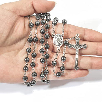 Nazareth Store Hematite Rosary Beads Black Stone Catholic Rosary Necklace with Jerusalem Holy Soil & Cross Antique Religious Rosaries Beads Collection - color: Black