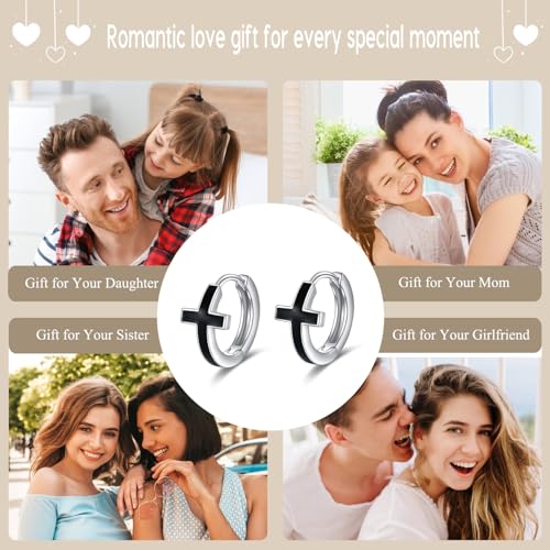 AOBOCO Black Hoops Earrings for Men Sterling Silver Viking Celtic Cross Heart Skull Round Triangle Hoop Earrings Birthday Father Day Christmas Jewelry Gifts for Men Women Friends - style: Cross Hoops