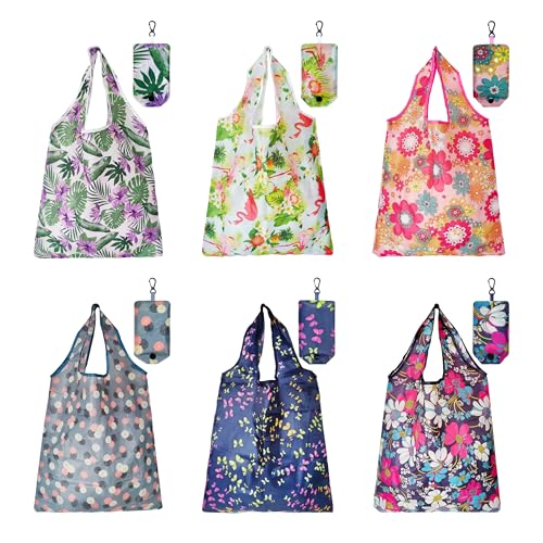 HIQU and HIST 6 Pcs Reusable Shopping Bags, Foldable Grocery Bags in Pocket, Eco-friendly Travel Recycle Shopping Bags,Waterproof and Machine Washable, for Daily Shopping Supplies load