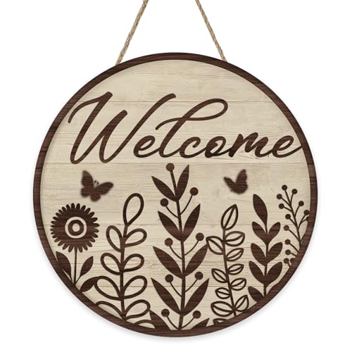 Welcome Brown Leaves Front Door Sign, Farmhouse Floral Butterfly - color: Leaves-3