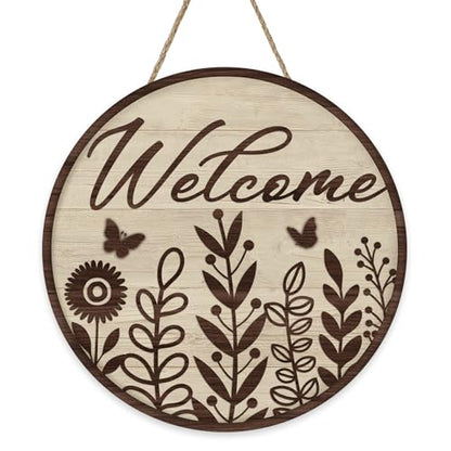 Welcome Brown Leaves Front Door Sign, Farmhouse Floral Butterfly - color: Leaves-3