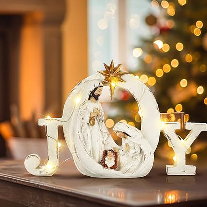 Soaoo Christmas Nativity Scene with LED String Lights Nativity Figure Set Holy Family Manger Christmas Decoration Light up Decor for Indoor Tabletop Mantle Fireplace(Joy)