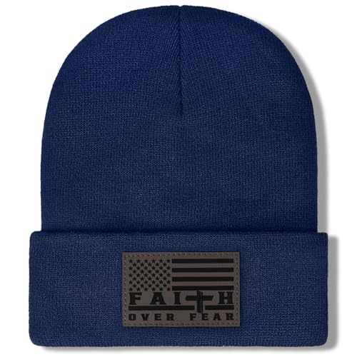 Christian Cross Beanie Hats for Men Women, Faith Winter Cuffed Hats, Religious Gifts for Thanksgiving Christmas New Years - color: Dark Blue, style: Faith Over Fear
