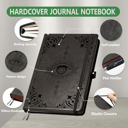 A5 Mystic Eye Leather Journal, 300 Pages Lined Notebook, Black Vintage Pattern Hardcover Notebook for Travel Diary, Business, Work and School Daily Writing - style: Eye