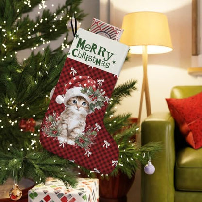 Tabby Cat Red Buffalo Plaid Christmas Stockings 16 Inch - color: Christmas11