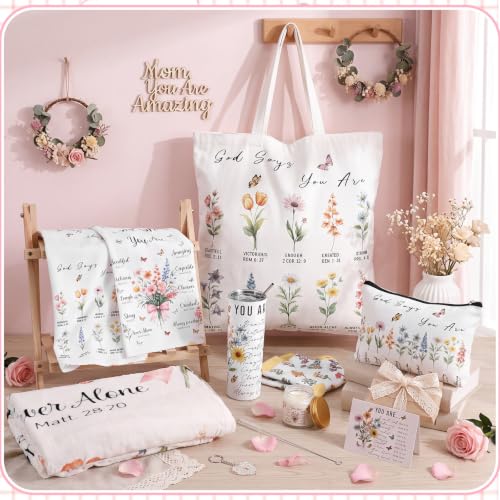 10 Pcs Christian Gifts for Women, Inspirational Religious Care Package for Mom Friend Sister, Lavender Spa Gift Basket with Bible Verse Blanket Tumbler Tote Bag, Get Well Birthday Box - style: Christian Floral