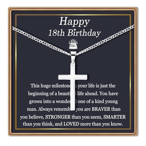 EPIRORA 10/11/12/13/14/15/16/17/18/19/20th 21st Birthday Gifts for Men Boys, Stainless Steel Chain Silver Cross Necklace Jewelry Presents for Son Grandson Nephew Brother - style: 18th Bday