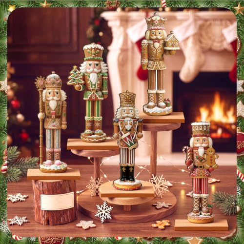 RattanView 5 Pcs Gingerbread Christmas Table Decorations Wooden Ginger Bread Nutcracker Decor Christmas Centerpiece Ginger Bread Village Xmas Nutcracker Tiered Tray Home Decor with Base for Party - style: Gingerbread Nutcracker