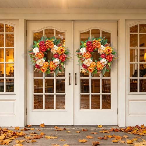 24 InchFall Wreaths for Front Door Autumn Wreath with Peony, Pumpkins - color: Orange1