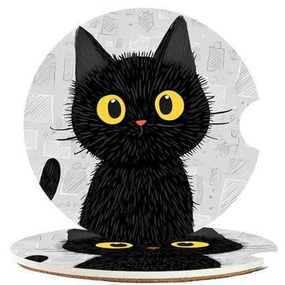 Ceramic Car Cup Holder Coasters Set of 2, 2.56 in Black Cat - color: Black Cat