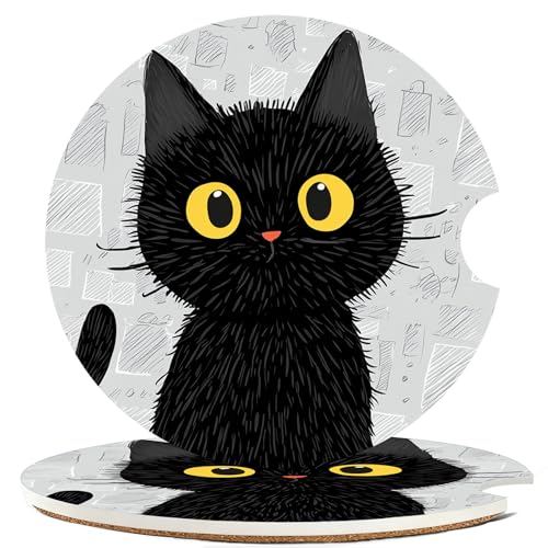Ceramic Car Cup Holder Coasters Set of 2, 2.56 in Black Cat - color: Black Cat