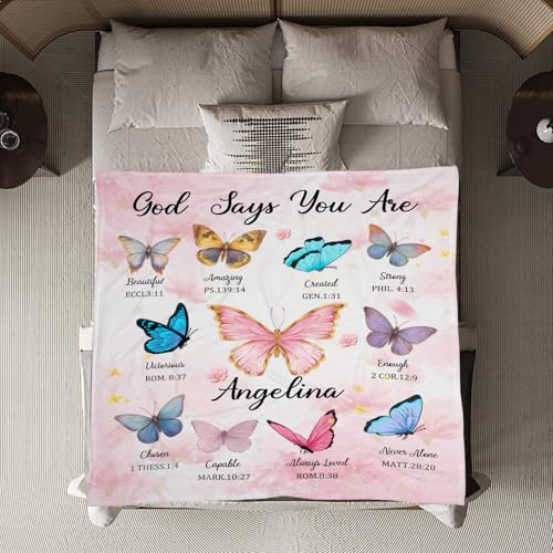 Baptism Blanket with Custom Name, Personalized Christian Religious Blanket for Men Women Faith, Spiritual Religious Blankets for First Communion Confirmation Affirmation for Him Her (Butterfly)