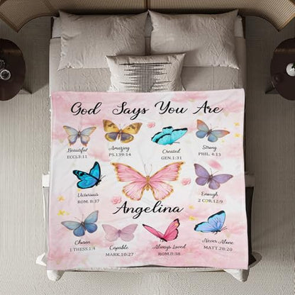 Baptism Blanket with Custom Name, Personalized Christian Religious Blanket for Men Women Faith, Spiritual Religious Blankets for First Communion Confirmation Affirmation for Him Her (Butterfly)
