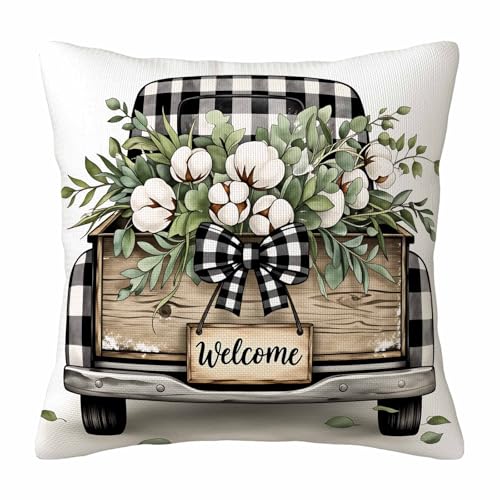 Rustic Fall Throw Pillow Cover,Black and White Plaid Truck with Eucalyptus Leaves Decorative Pillow Case,Farmhouse Welcome Sign Cotton Linen Cushion Case for Home Decor 18 * 18 Inch - color: Settype06