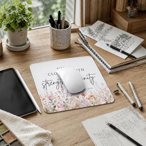 QIYUHOY Christian Inspirational Floral Mouse Pad, 9.5x7.9 Inch - color: staength & dignity