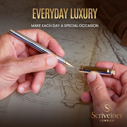 Scriveiner Silver Chrome Rollerball Pen - Stunning Luxury Pen, Real Gold Plating, Schmidt Ink Refill, Best Roller Ball Pen Gift Set for Men & Women, Professional, Executive Office, Fancy Pens - color: 10. Silver Chrome with Gold
