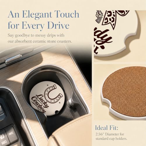 Car Coasters for Cup Holders, Western Car Coasters Set of 2, B26 - color: Lucky Howdy