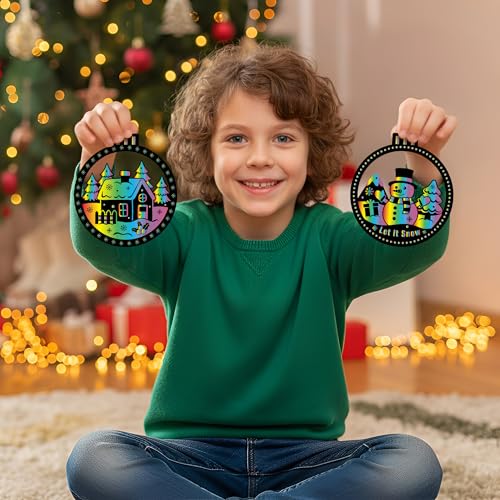 CY2SIDE 60PCS Winter Christmas Tree Ornaments Scratch Card, Xmas Hanging Scratch Paper Cards, Winter Magic Rainbow Color Paper Card for Classroom Project - style: Christmas Tree