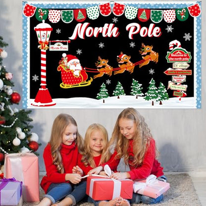 Christmas Bulletin Board Decoration Set North Pole Sign Classroom Decorations Santa Reindeer Xmas Elk Snowflakes Paper Cutouts for Winter Holiday Party School Classroom Home Chalkboard Wall Decor - style: Christmas