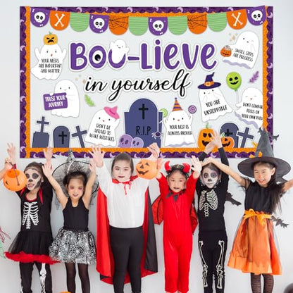 Halloween Ghost Bulletin Board Set Boo-Lieve in Yourself Affirmation Station Bulletin Board Classroom Decorations Cute Ghost Pumpkin Paper Cutouts for Halloween Party School Classroom Home Wall Decor - style: Ghost