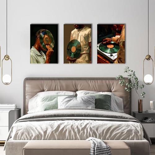 AOYUSMO 3 Piece African American Wall Art Black Men Wall Decor Fashion Music Pictures Record Canvas Art Music Studio Paintings Modern Trendy Artwork For Living Room Bedroom 12"x16" - color: Record White, size: 12x16in