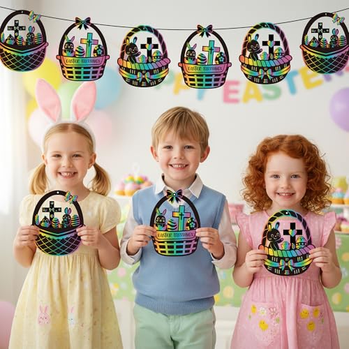 CY2SIDE 60PCS Religious Baskets with Egg Cross Scratch Card Gift Set DIY Christian Jesus is Risen Scratch Paper Craft for Kid Sunday School Activity Easter Bunny Magic Art Rainbow Color Paper Ornament - style: Easter Basket Cross
