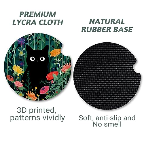 Yonlevres Car Coasters for Cup Holders, Flower Black Cat, 2 Pack - color: Flower Balck Cat