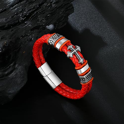 Mens Christian Cross Double Row Leather Bracelet, Religious Braided Cuff Bracelet for Men - color: Red, size: 8.5 inches