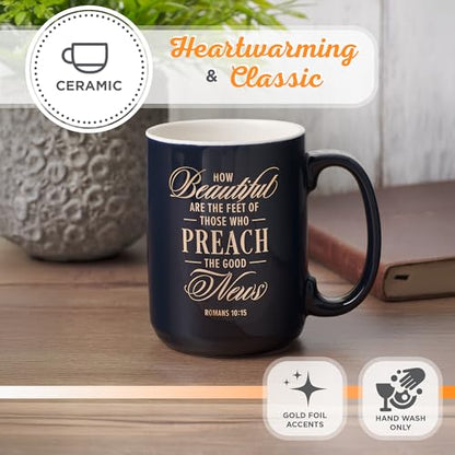 Christian Art Gifts Large Matted Ceramic Coffee & Tea Mug for Pastors: Preach the Good News Golden Inspirational Scripture, Lead & Cadmium-free Sturdy Novelty Mens Drinkware, Navy Blue & White, 14 oz. - color: Navy Blue/Pastor