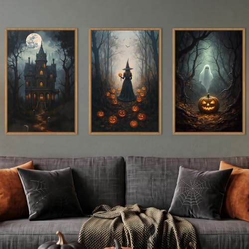 Ausril Halloween Moon Castle Framed Canvas Wall Art Set, Scary Dark Forest Witch Wall Decor, Cute Ghost Wall Painting, Pumpkin and Bats Art Prints for Gothic Party, living room, Club -16"x24"x3 - color: Halloween Moon Wall Art, size: 16"L x 24"W