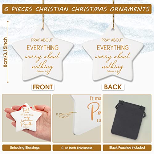 6 Pieces Christian Christmas Tree Ornaments Star Shaped Ceramic Ornament Flat Religious Bible Verse Inspirational Quotes Merry Christmas Keepsake Ornament Xmas Hanging Disc Ornaments for Appreciation