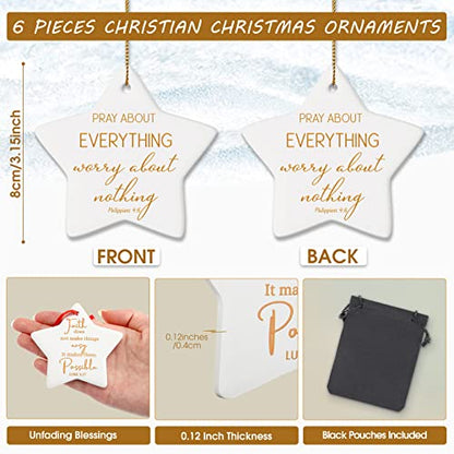 6 Pieces Christian Christmas Tree Ornaments Star Shaped Ceramic Ornament Flat Religious Bible Verse Inspirational Quotes Merry Christmas Keepsake Ornament Xmas Hanging Disc Ornaments for Appreciation