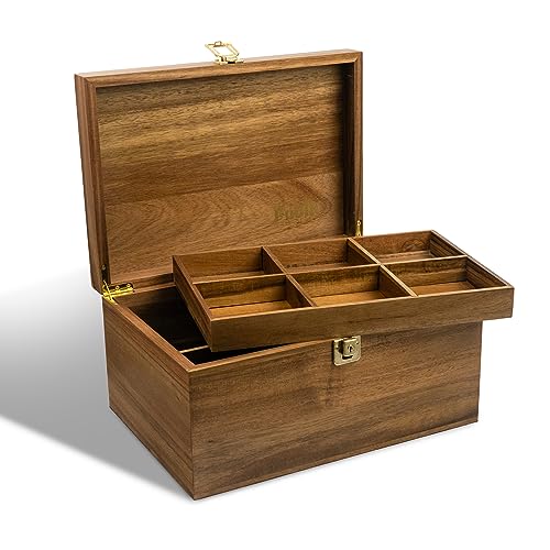 Public House Locking Wooden Keepsake Box, Customizable Design With Adjustable Tray. Large Wooden Box with Hinged Lid for Wedding and Memory Keepsakes - color: Natural