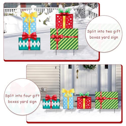 Christmas Yard Sign Decorations Outdoor Christmas Four Gift Boxes Yard Signs with Metal Stakes for Xmas Holiday Party Lawn Sign Garden Decor Outdoor Yard Signs - style: Gift boxes