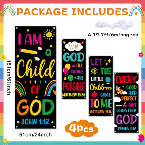 4PCS Church Banners with Scripture Religious Bible Verse Backdrops for Kids Christian Porch Decorations Inspirational Religious Hanging Signs for VBS Church Sunday School Classroom Wall Decor (Black) - color: Black