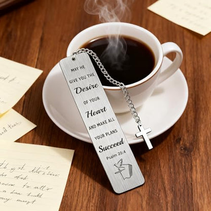 Graduation Gifts Bible Bookmark with Cross Charm - Psalm 20:4 "Make All Your Plans Succeed Christian Verse Book Mark Gift for Women, Son, Daughter - Inspirational Stainless Steel Book Marker with Box - style: BM031 Psalm 20:4 Make All Your Plans Succeed