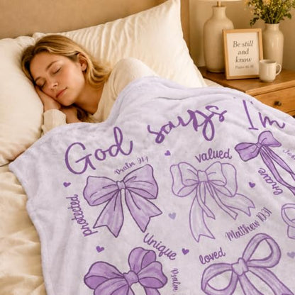 Purple Bow Christian Throw Blanket, Religious Flannel Blanket Gift - color: Purple Bow