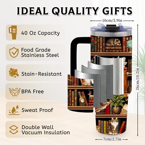Cat Book Lovers Gifts for Women, 40oz Tumbler with Handle & Straw - color: BookshelfCat-Black